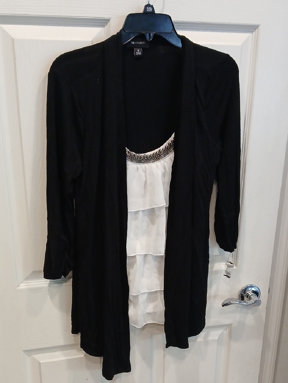 AB Studio Black Layered Open Cardigan with Cream Ruffle Tank